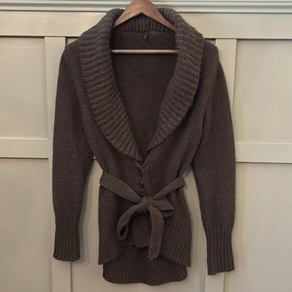 Benetton Belted Cardigan Sweater Wool Mohair Knit Shawl Collar Brown Size Small - Picture 1 of 8